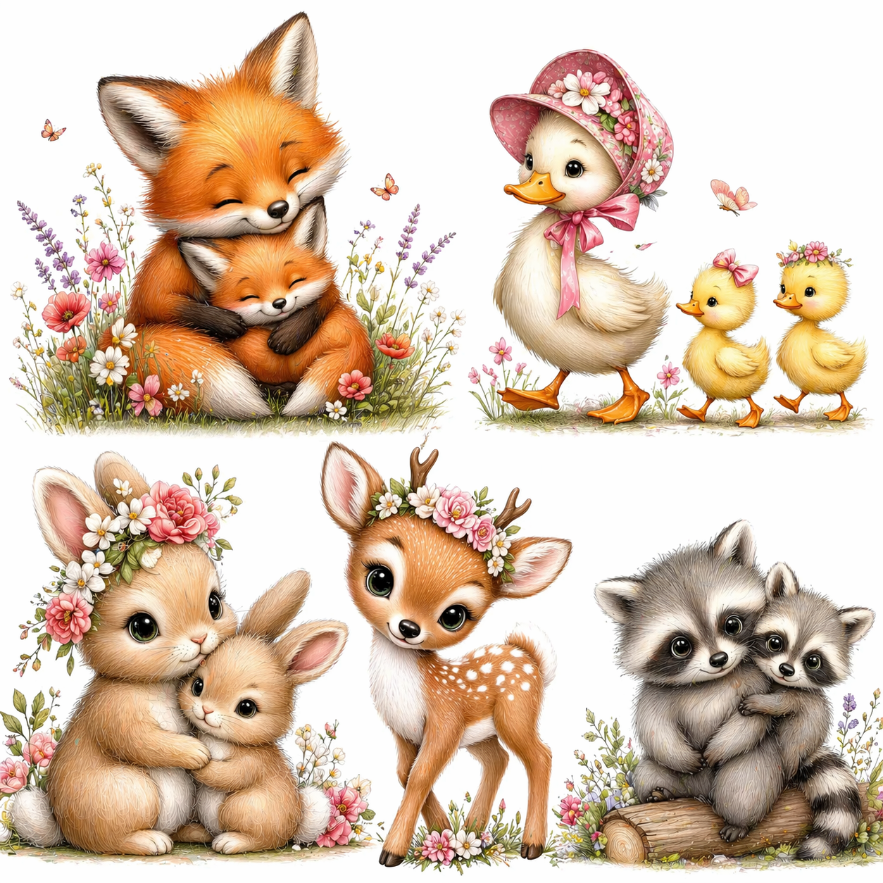 Mother’s Day Baby Animal Clipart Bundle | Cute Woodland Animals PNG, Floral Nursery Graphics | Lurelo
