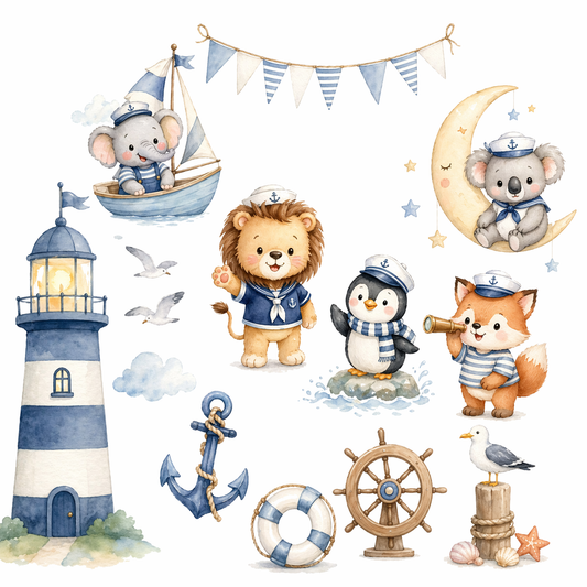 Lurelo Nautical Baby Animal Clipart Set – Watercolor Ocean Nursery PNG Bundle, Cute Sailor Animals Illustration Pack