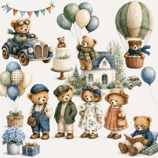 Watercolor Teddy Bear Clipart Set  Vintage Nursery Animals, Balloon & Travel Theme PNG Bundle Lurelo