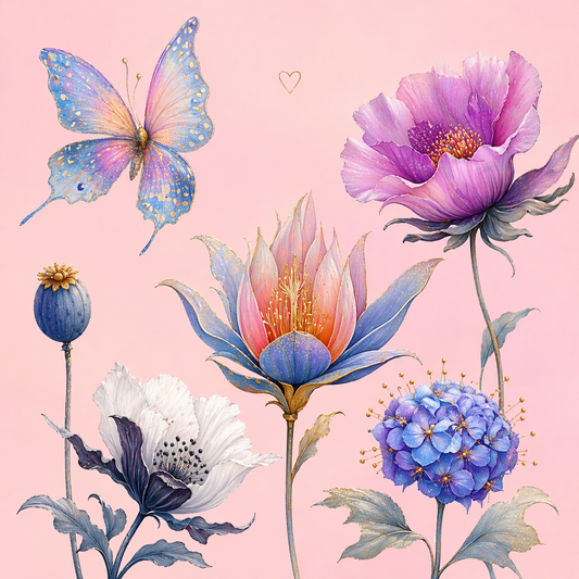 Whimsical Fantasy Flower Clipart Set (35 PNG Images, Transparent Background) – Pastel Botanical Illustrations | Lurelo