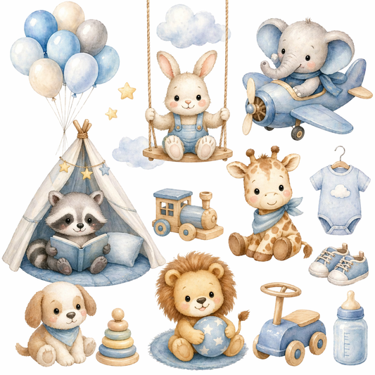 Lurelo Blue Nursery Animal Clipart Set – Watercolor Baby Animals PNG Bundle, Bunny Elephant Giraffe, Baby Shower & Kids Decor Graphics